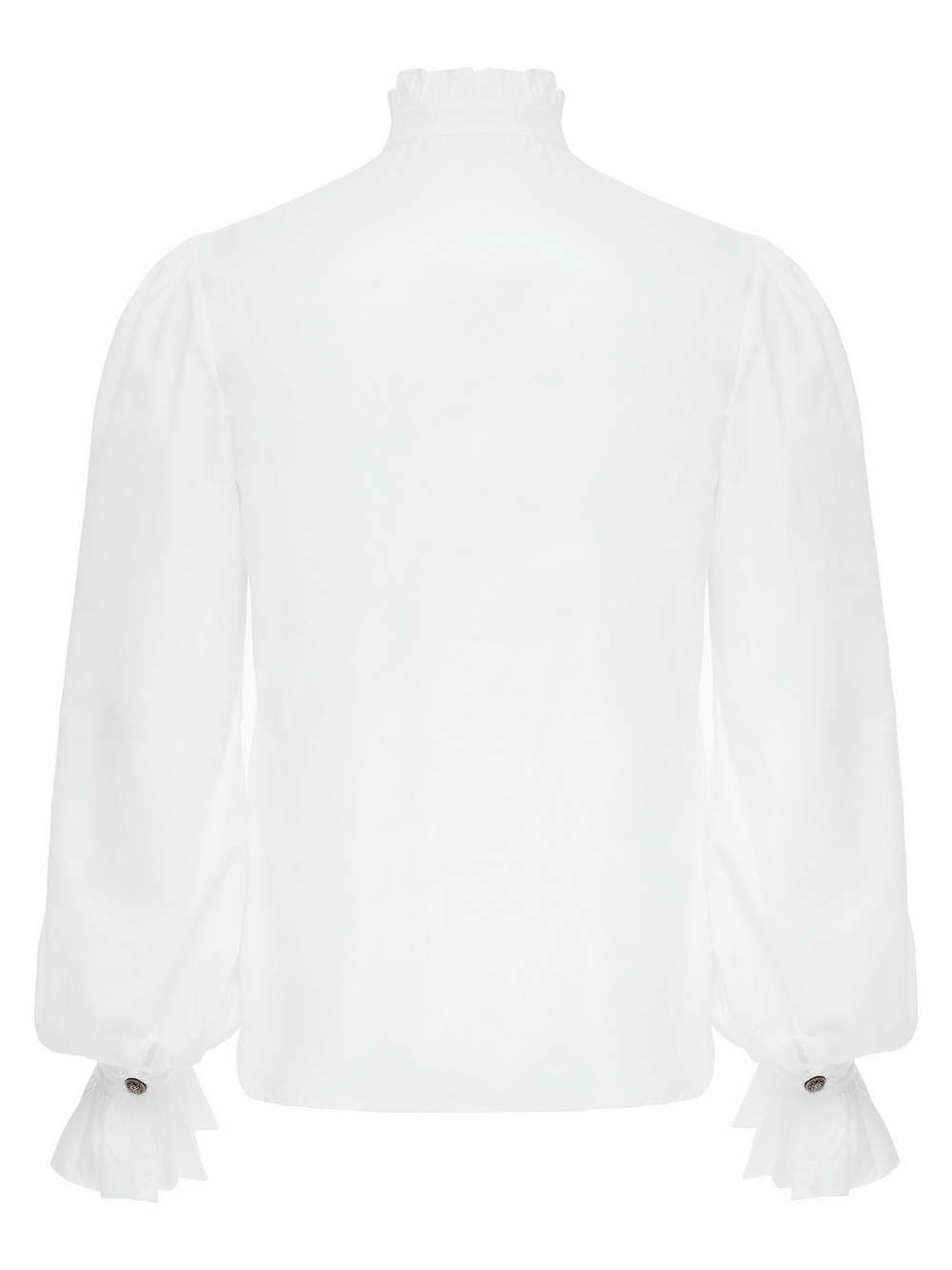 Back view of a men's Victorian shirt featuring a ruffle collar and elegant bubble sleeves in crisp white fabric.