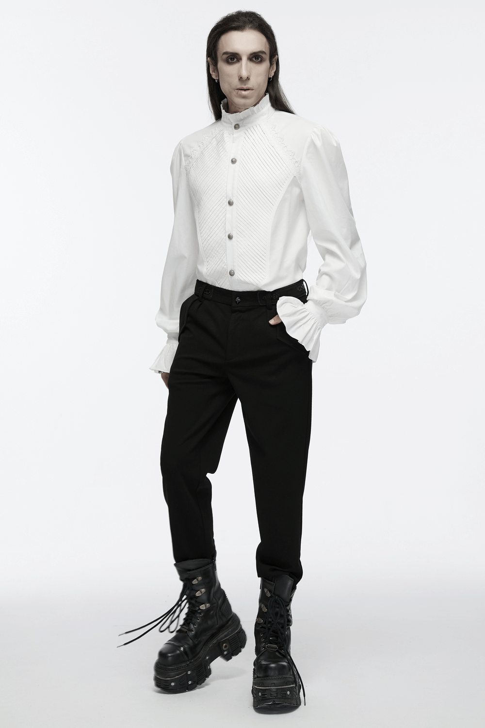 Men's Victorian-style white shirt with ruffle collar and bubble sleeves, paired with black pants and combat boots.