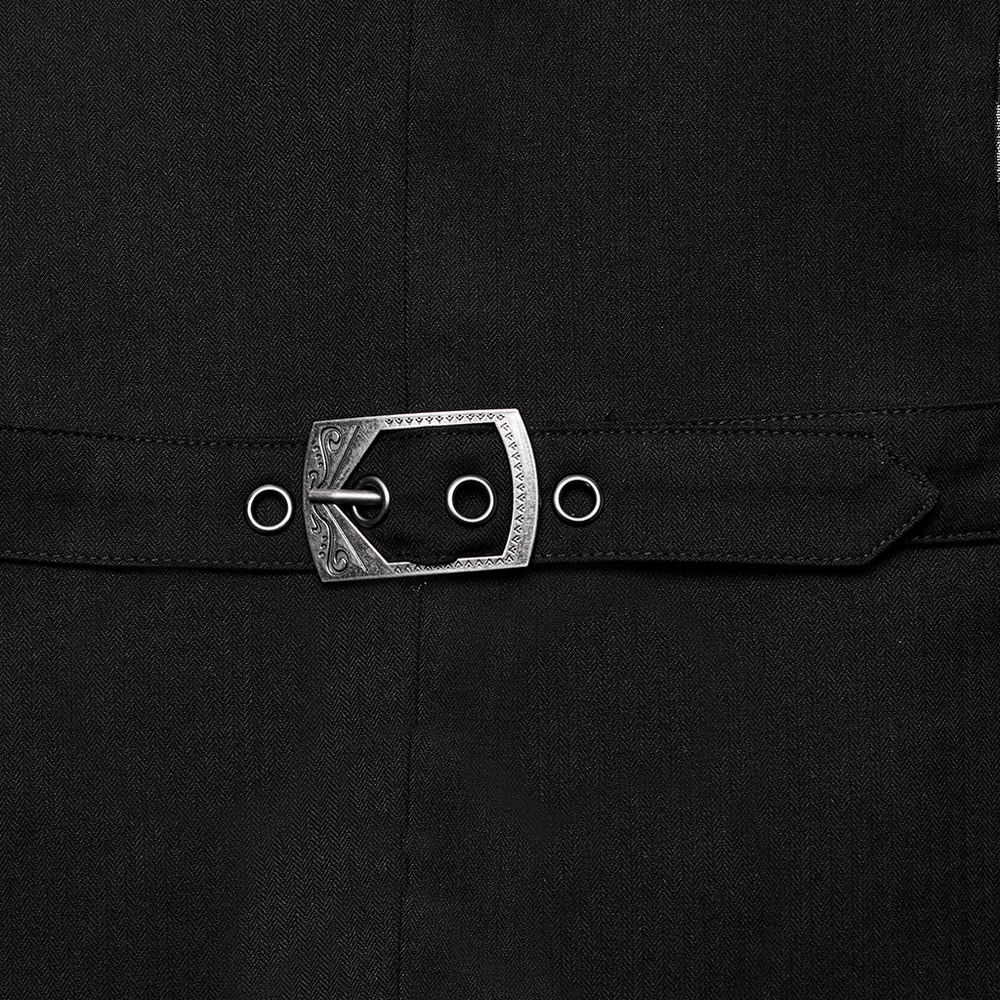 Close-up of the elegant silver buckle on a Men's Victorian Gothic Jacket belt.