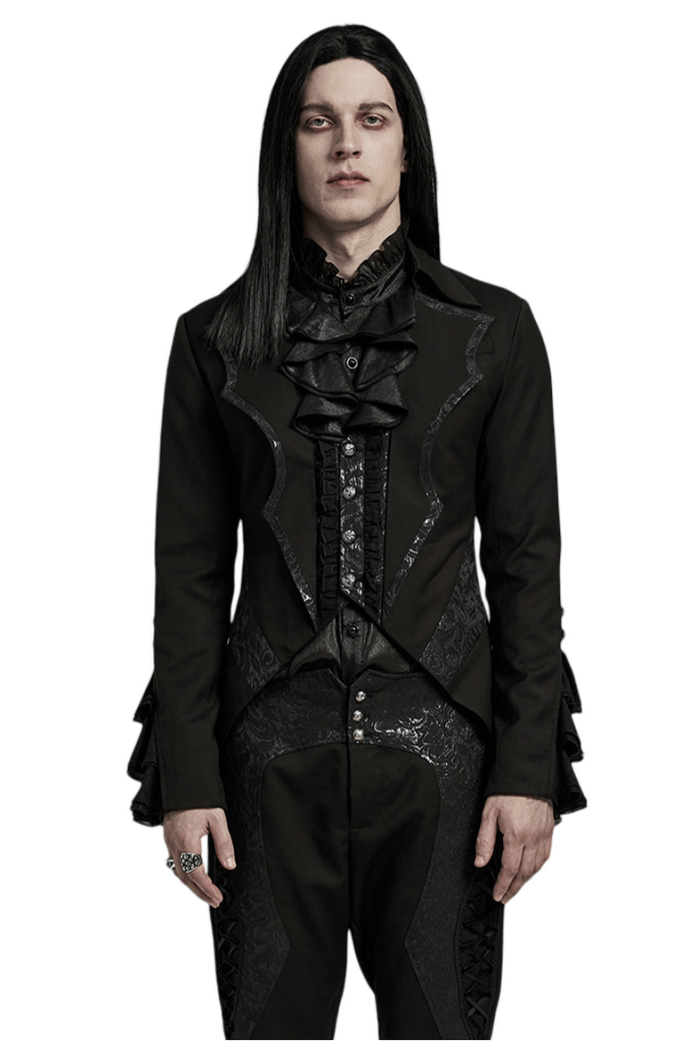Men's Victorian Gothic jacket with bat collar and ruffled cuffs, perfect for an elegant, dark style.