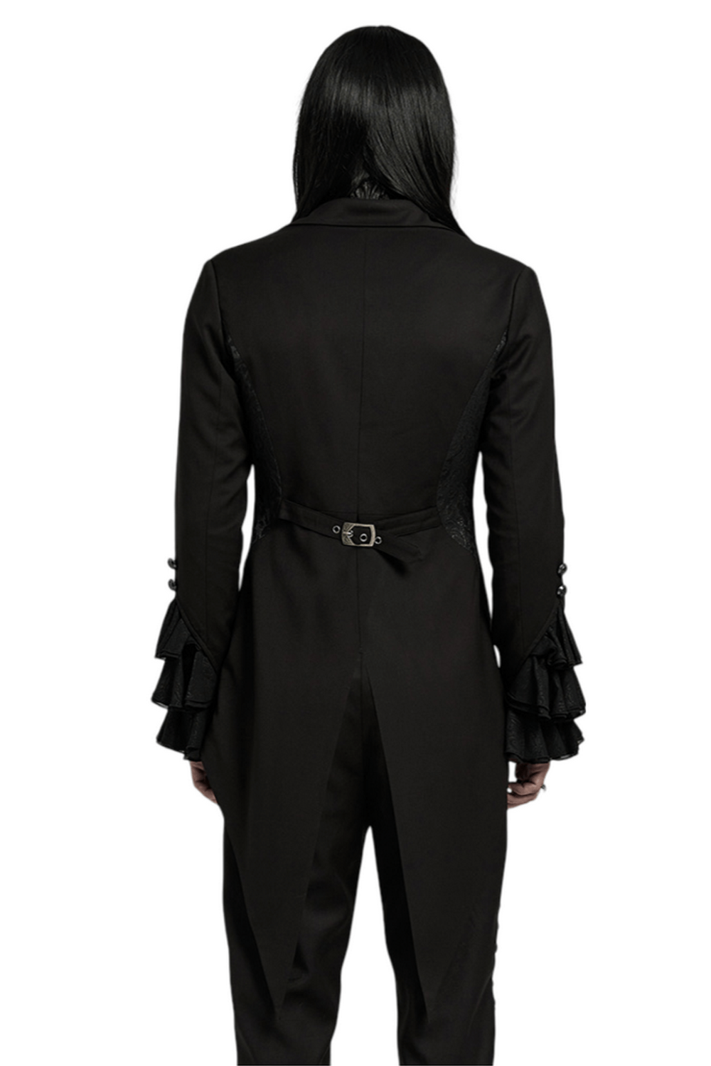 Back view of Men's Victorian Gothic Jacket showcasing ruffle cuffs and bat collar design.