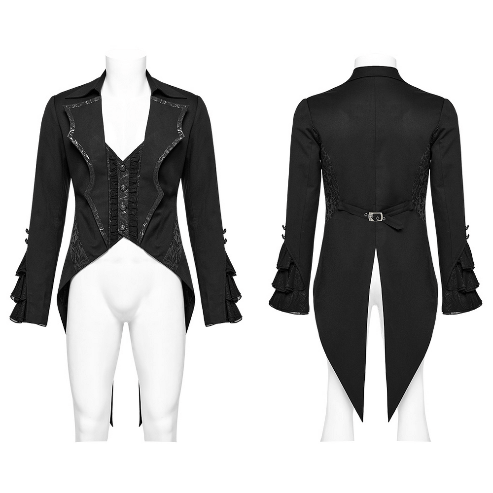 Men's Victorian Gothic jacket showcasing ruffled cuffs and bat collar, perfect for a stylishly elegant look.