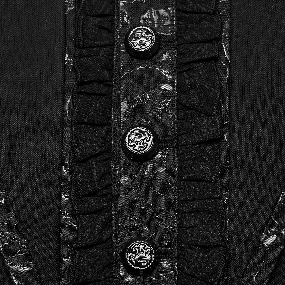 Close-up of ruffled cuffs and decorative buttons on a Victorian Gothic jacket for men.