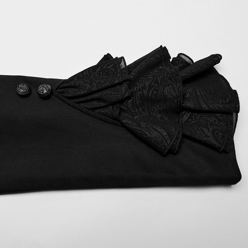 Close-up of elegant black ruffle cuff from Men's Victorian Style Gothic Jacket with decorative buttons.