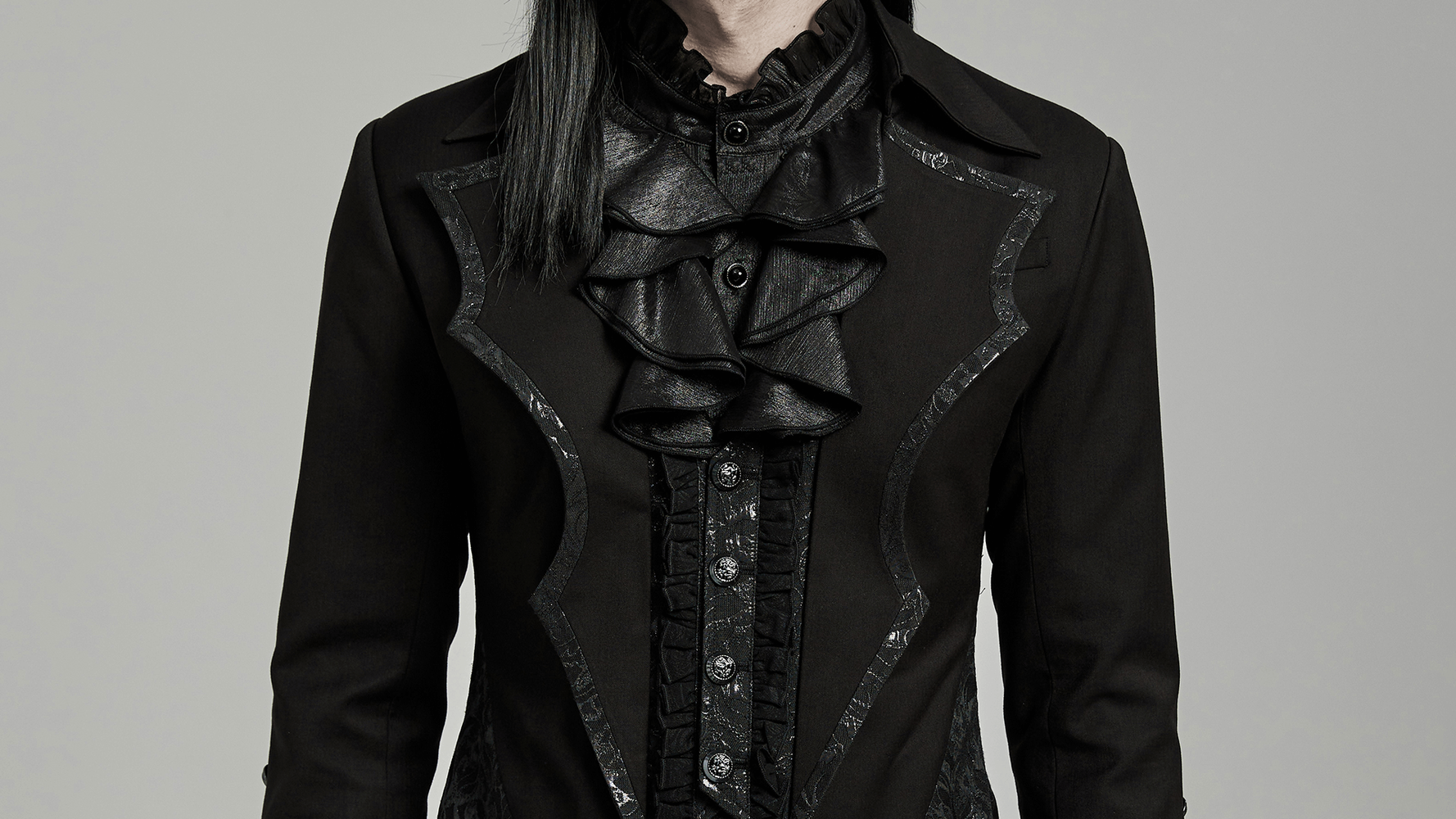 Men's Victorian Gothic jacket featuring ruffled cuffs and a bat collar, perfect for a stylish, elegant look.