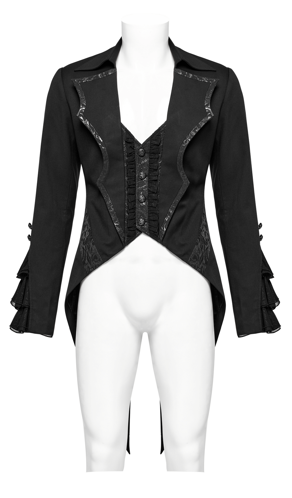 Men's Victorian Gothic Jacket with bat collar and ruffle cuffs, elegant twill weave and faux two-piece design.
