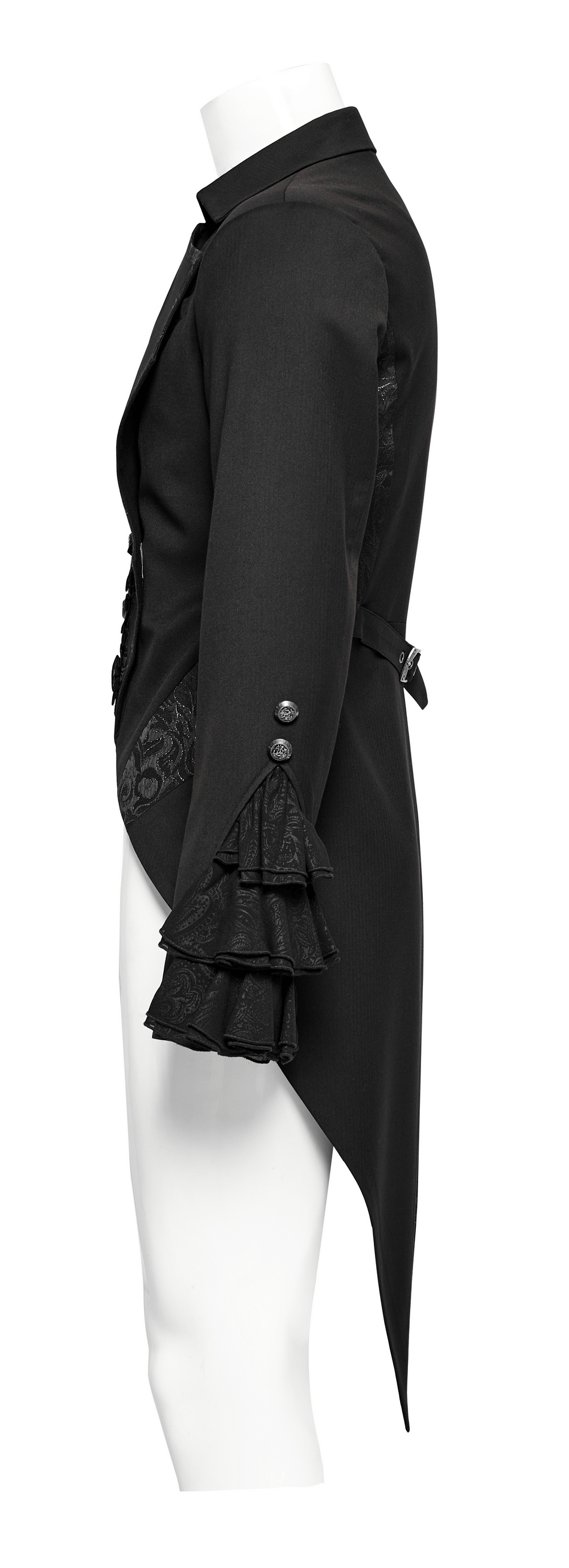 Side view of a men's Victorian style Gothic jacket featuring ruffled cuffs and a bat collar in elegant black.