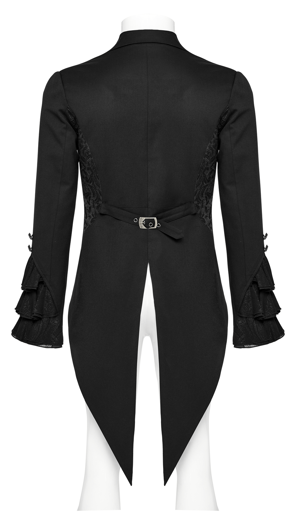 Stylish back view of Men's Victorian Gothic Jacket with ruffled cuffs and bat collar design.