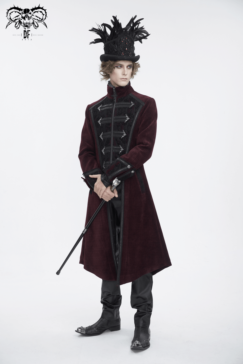 Gothic Victorian Tailcoat in wine red with chains, styled with high-collar and dramatic hat, perfect for Steampunk fashion.
