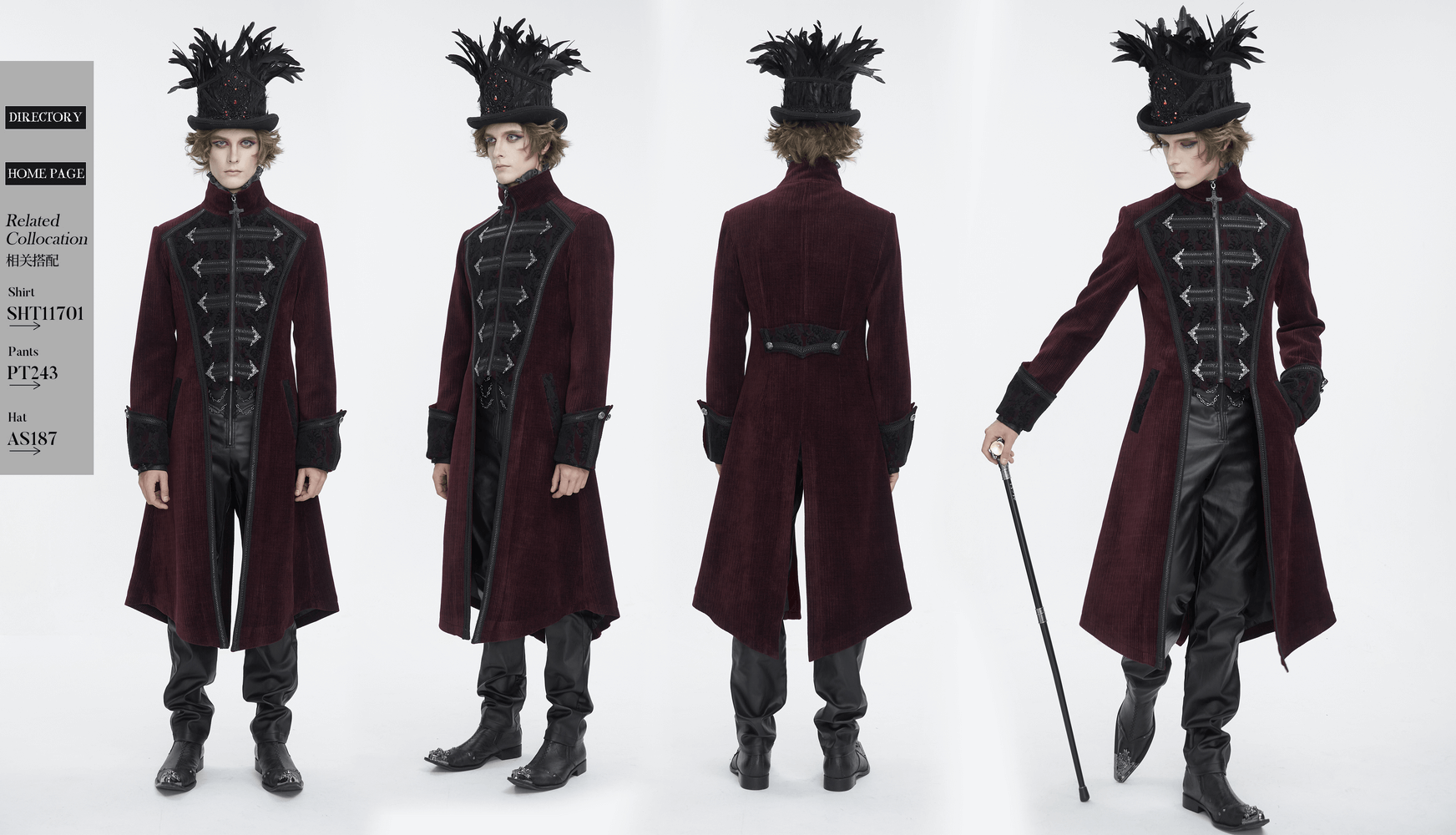 Men's Gothic Victorian tailcoat in wine red with chains and high-collar, perfect for steampunk or themed events.
