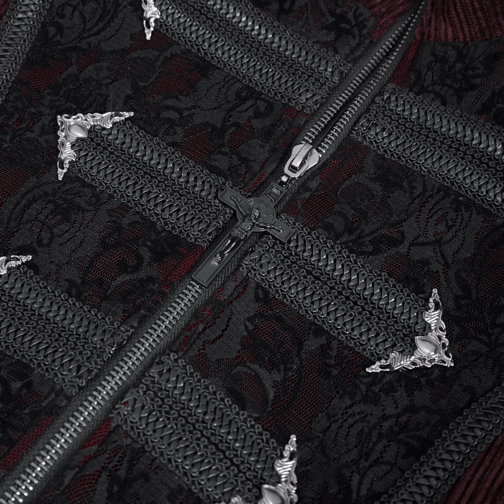 Close-up of intricate detailing on a Gothic Steampunk Victorian tailcoat with chains and embroidery.