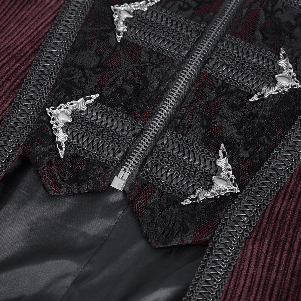 Intricate details of a Gothic Victorian tailcoat featuring chain and lace accents in rich wine red.