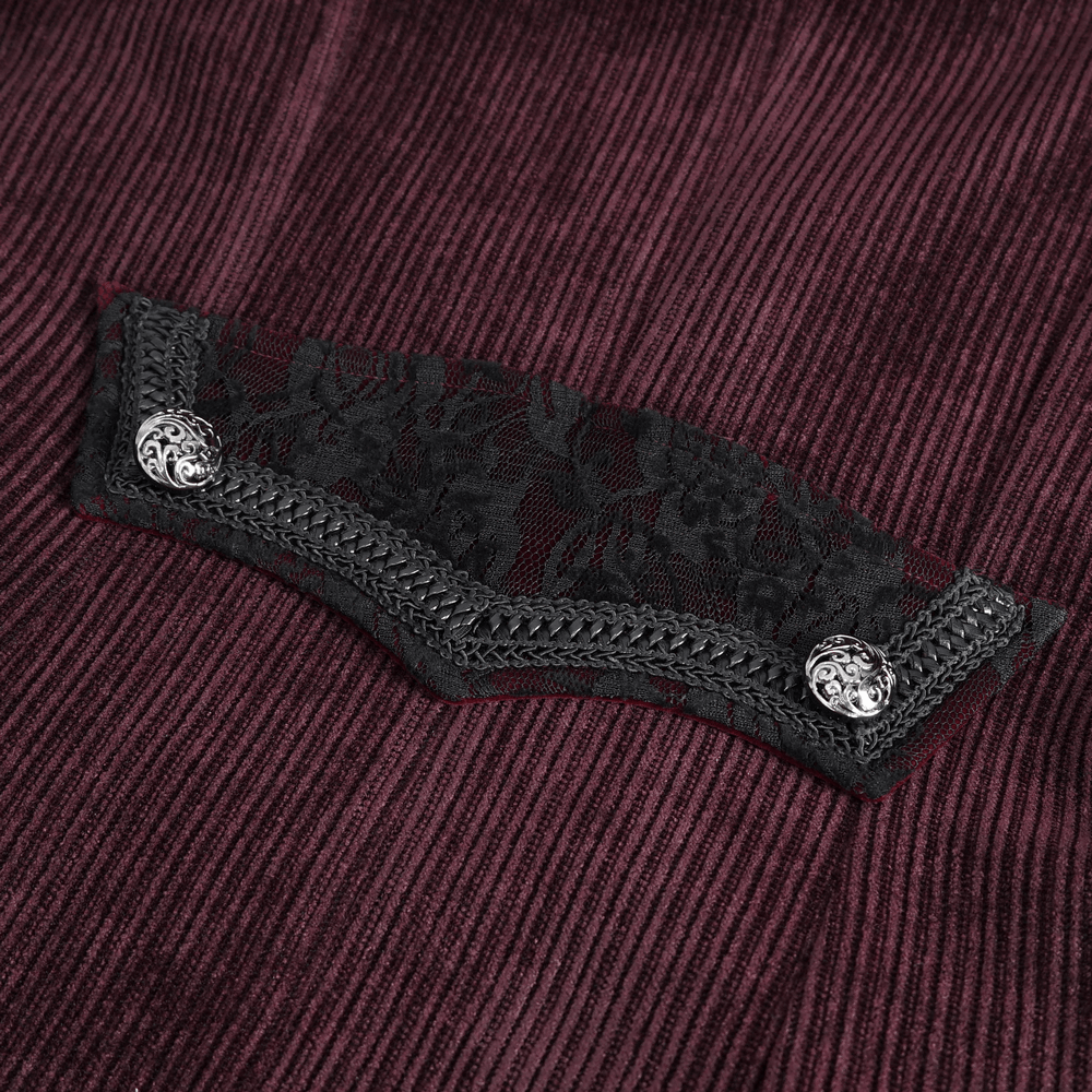 Close-up of intricate black lace and braided detailing on men's Gothic Victorian tailcoat in wine red.