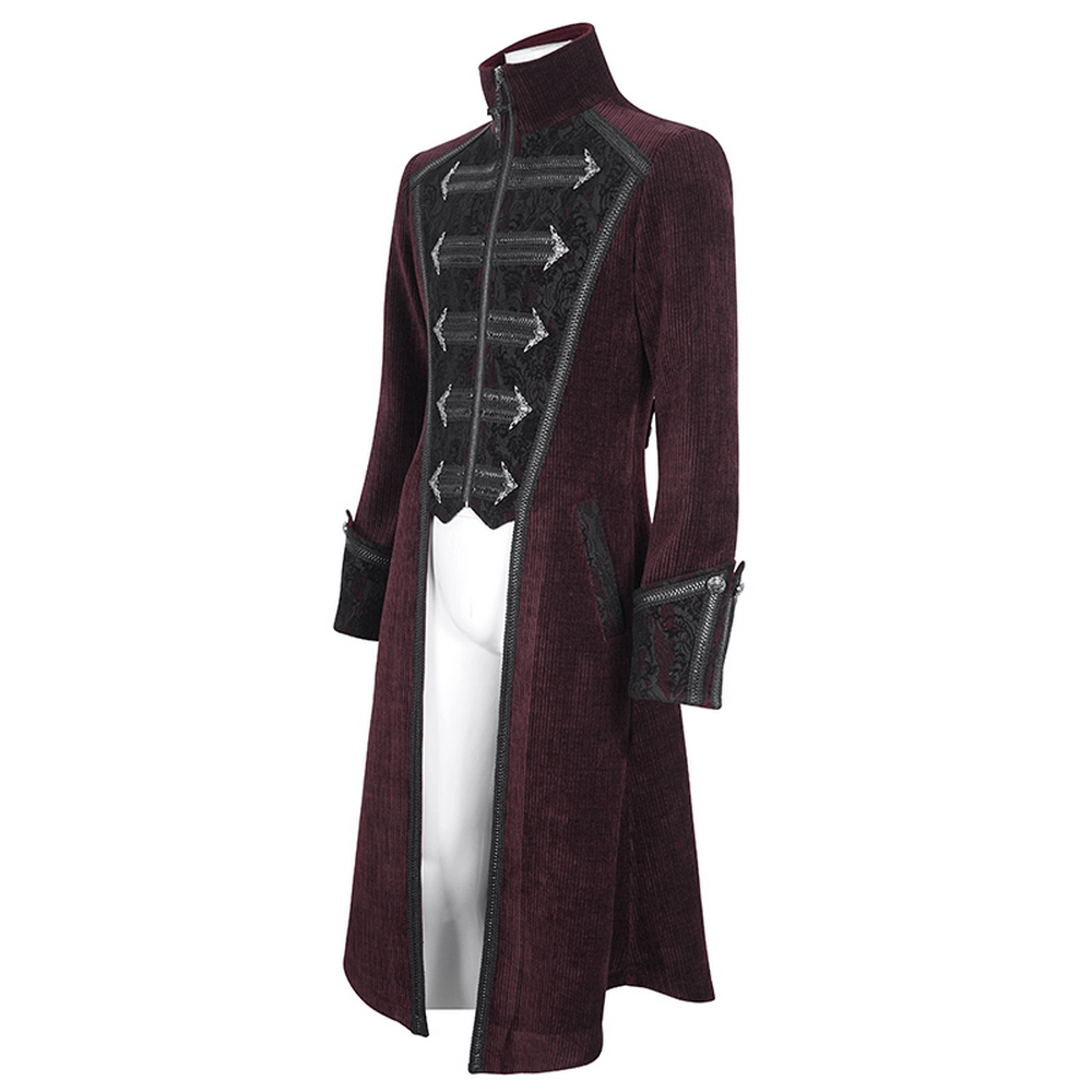 Gothic Victorian Tailcoat in wine red with chains and high-collar, perfect for Steampunk or Victorian-themed events.