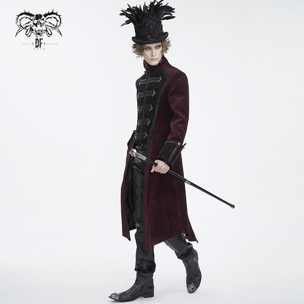 Man wearing a Gothic Victorian Tailcoat with chains, high-collar, and feathered top hat in wine red.