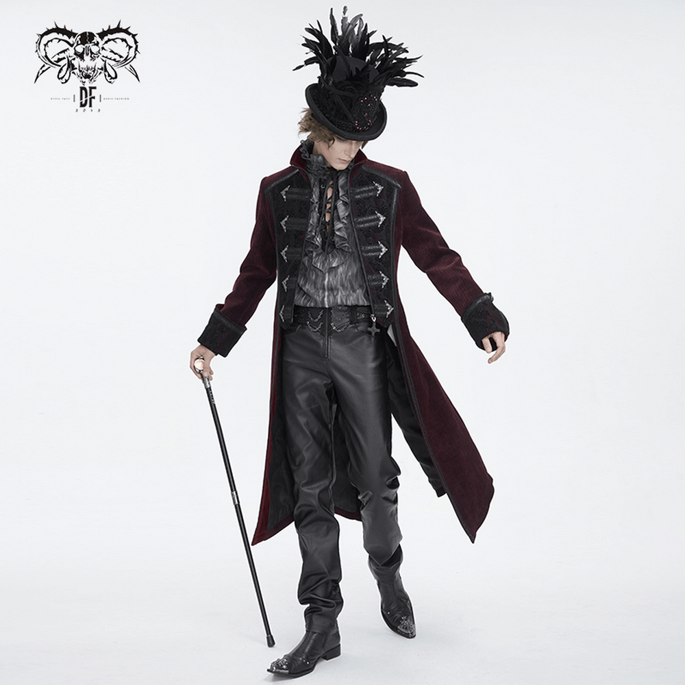 Gothic Steampunk men's Victorian tailcoat in wine red with chains, high-collar, and stylish hat.