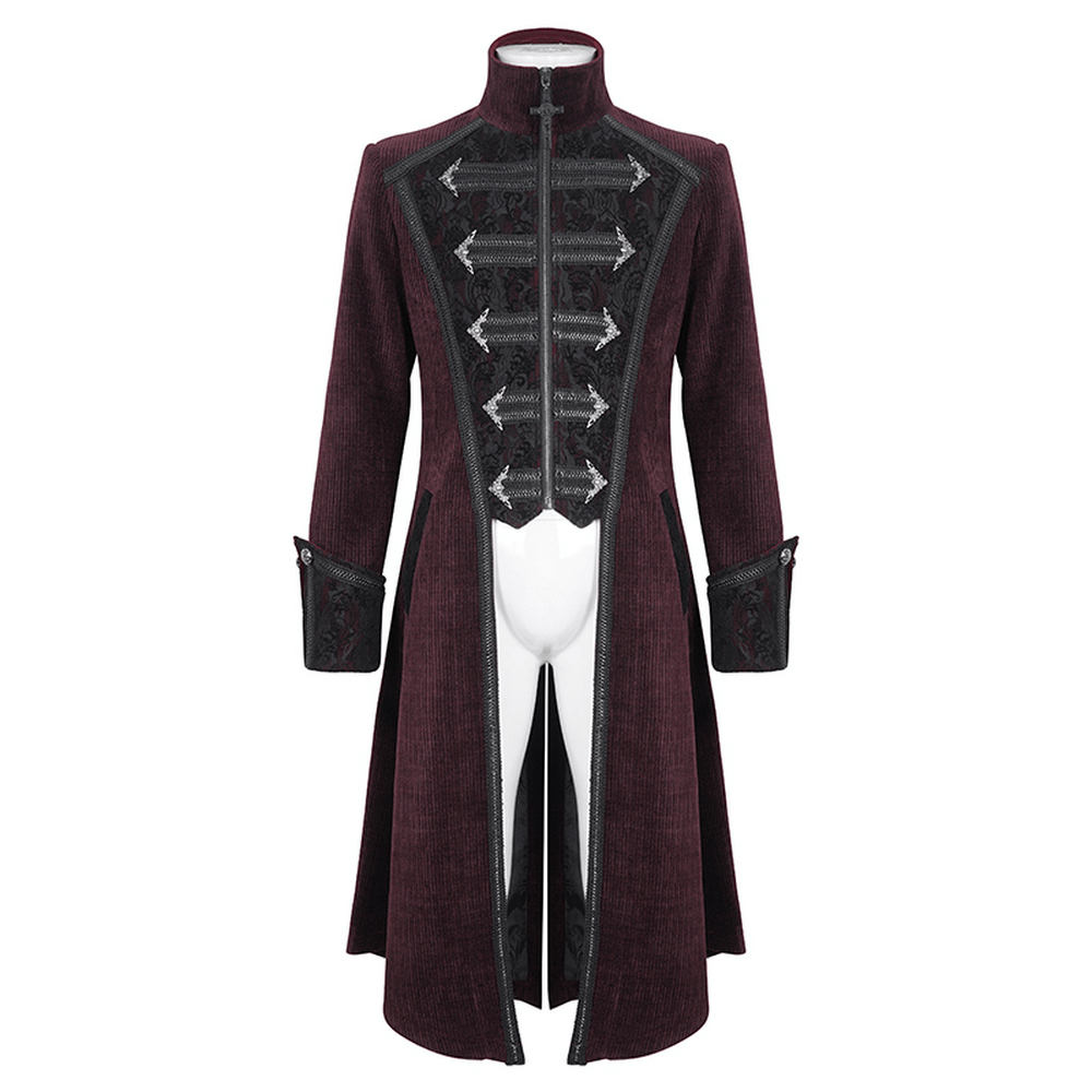 Gothic Victorian Tailcoat for men in wine red with intricate chain detailing and high-collar, perfect for steampunk styling.