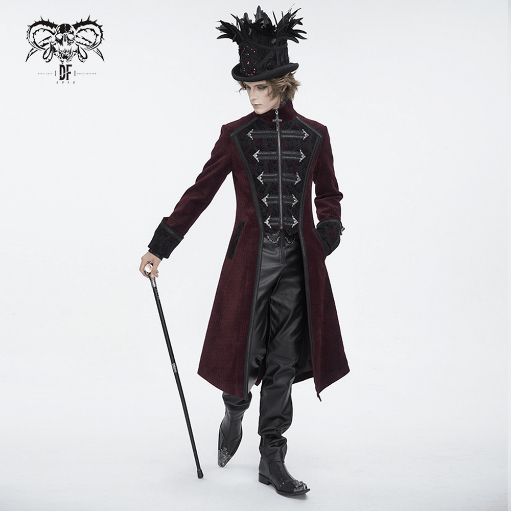 Gothic Victorian tailcoat in wine red with high-collar and chains, styled for a dramatic Steampunk look.