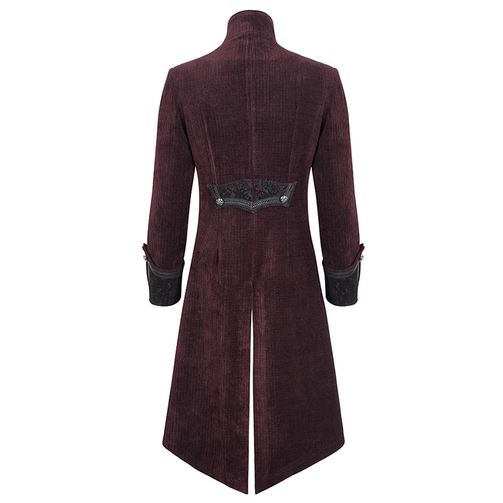 Back view of a men's Gothic Victorian tailcoat in wine red with high-collar and intricate chain detailing.