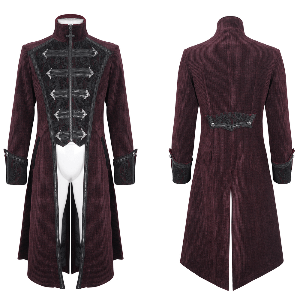 Men's Gothic Victorian tailcoat in wine red with high-collar and intricate chain detailing, perfect for steampunk style.