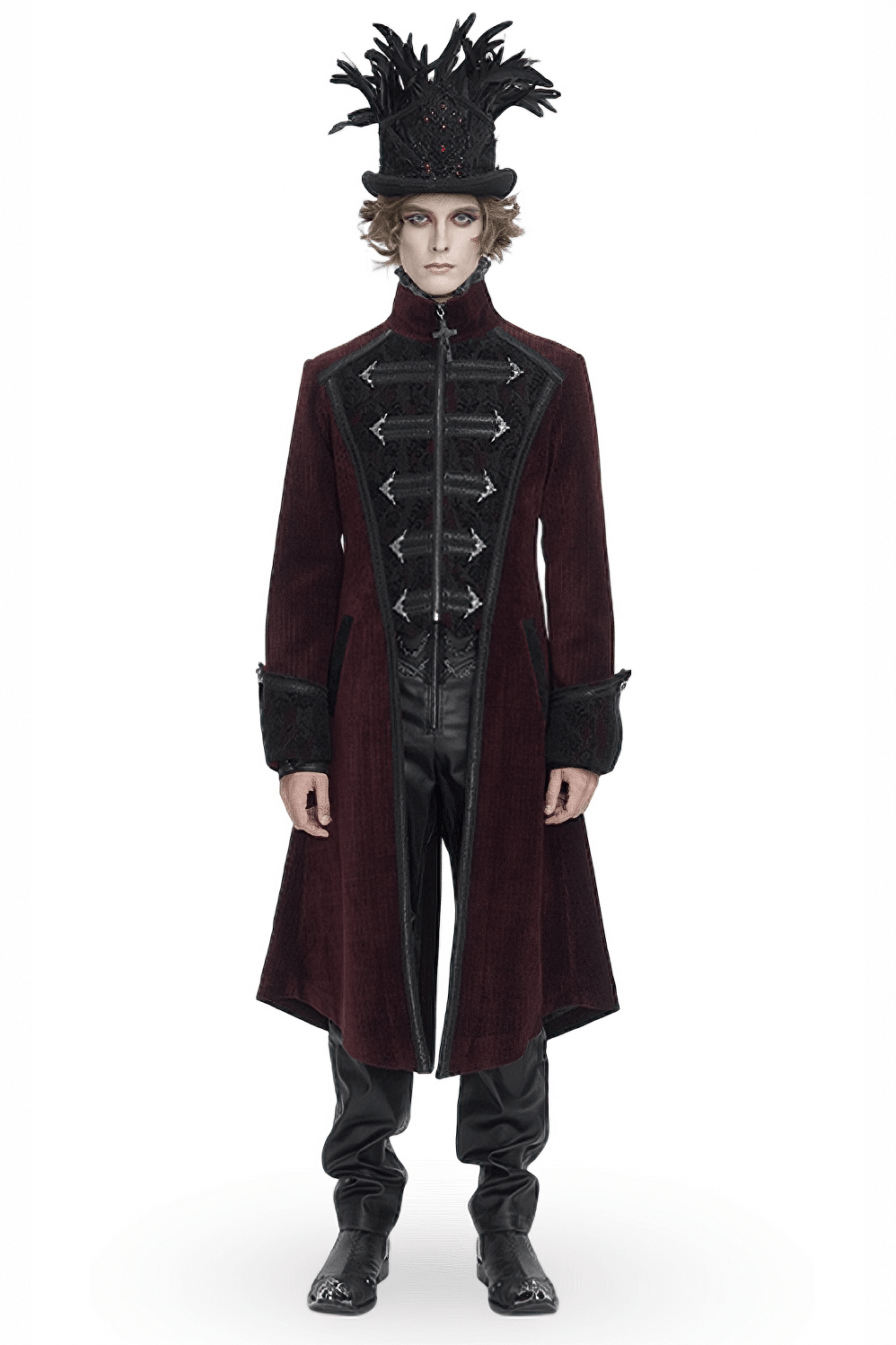 Stylish Gothic Victorian Tailcoat with chains in wine red, paired with a dramatic feathered hat for a bold look.