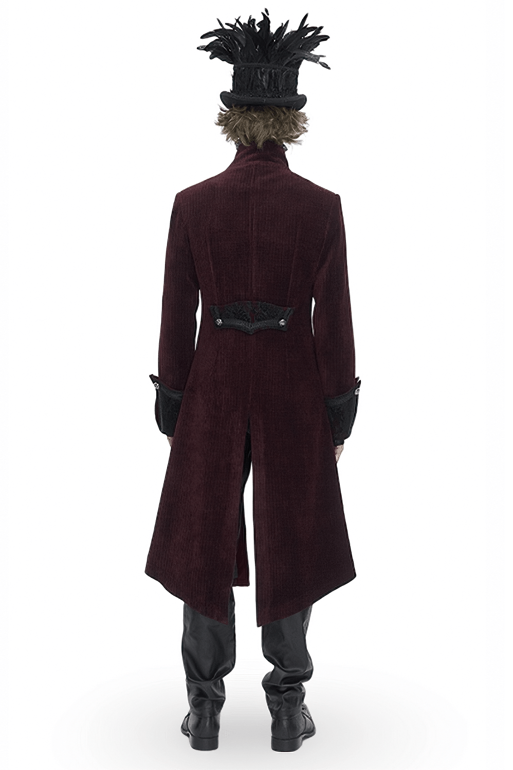Back view of Men's Gothic Victorian Tailcoat in wine red, styled with a high-collar and dramatic feathered hat.
