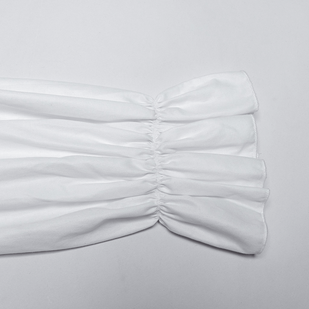 close-up of the ruffled sleeve detailing on a men's Victorian white shirt, showcasing elegant pleats and soft fabric texture