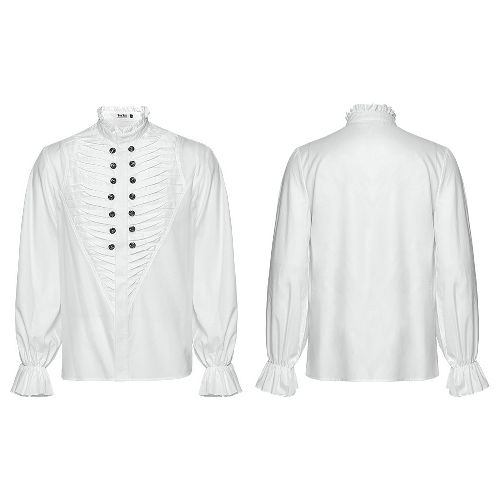 Men's Victorian white shirt featuring ruffle collar, 3D pleats, and metal buttons, perfect for gothic elegance.