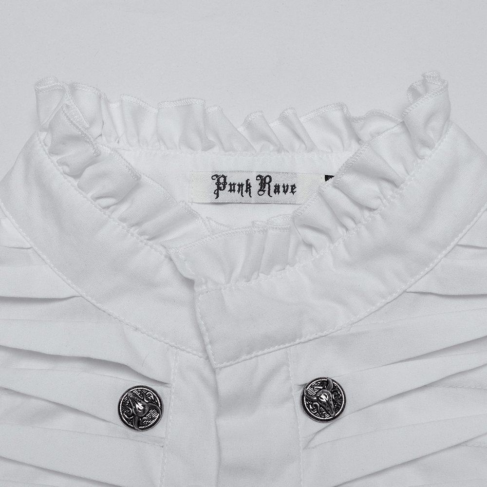 Close-up of men's Victorian white shirt collar with ruffle and metal beast head buttons, showcasing elegant pleating.