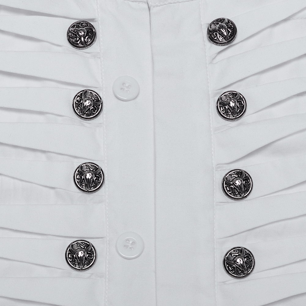 Men's Victorian white shirt with 3D pleats and metal beast head buttons for a darkly elegant look.