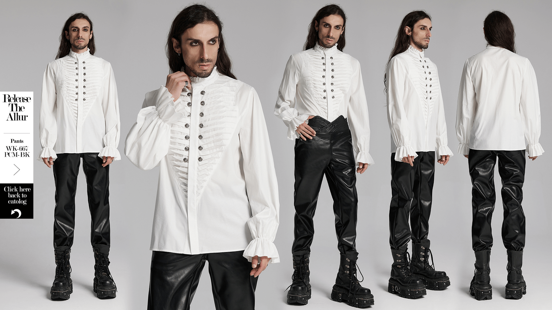 Men's Victorian white shirt with ruffle collar and metal buttons, styled for a goth and elegant look.