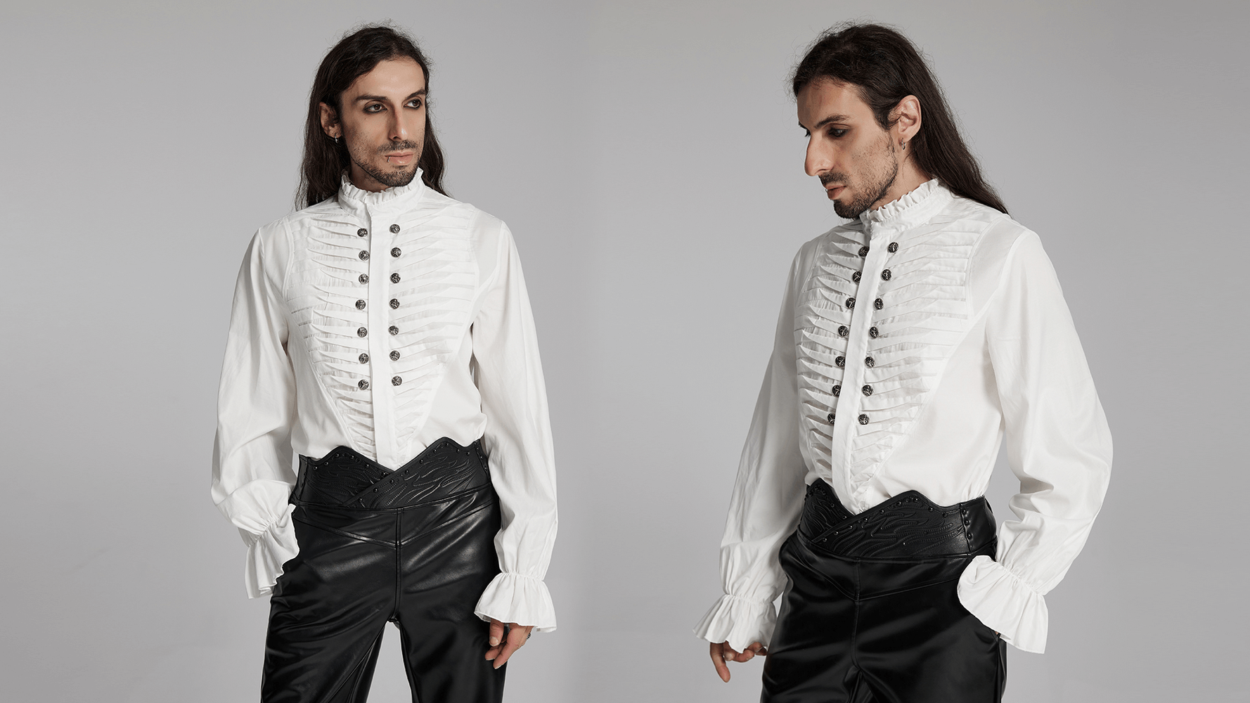 Men's Victorian white shirt with ruffle collar and metal buttons, featuring 3D pleating and stylish black pants.