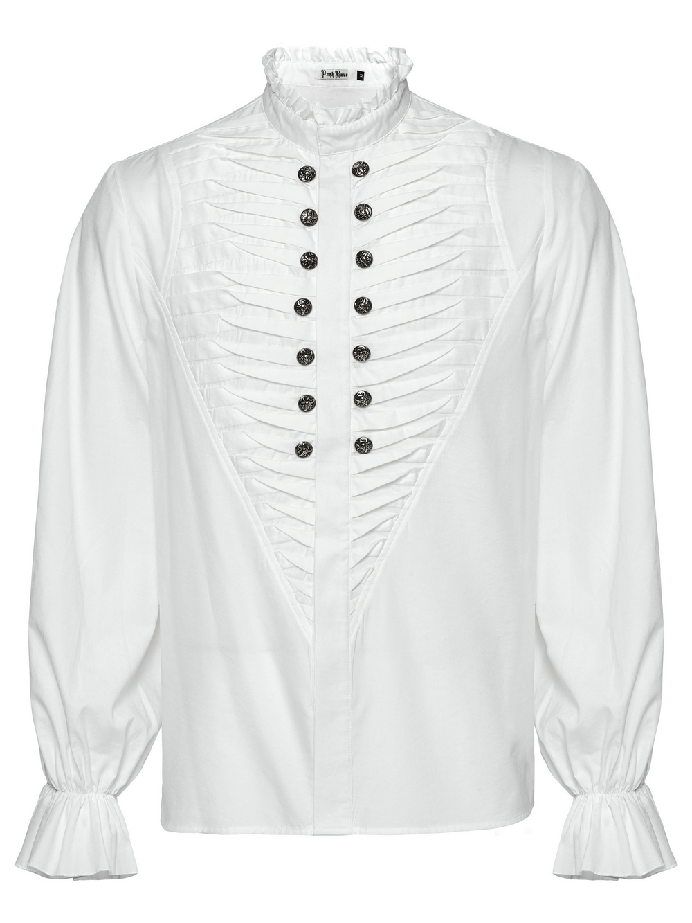 Men's Victorian white shirt with ruffle collar, 3D pleated front, and metal beast head buttons for dark elegance.