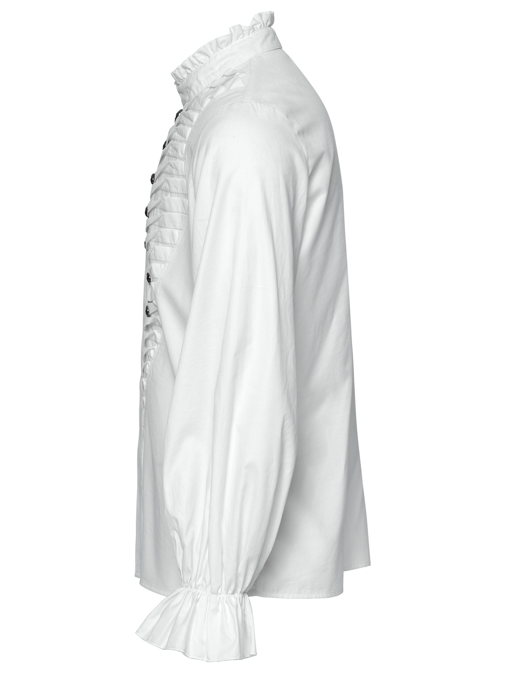 Men's Victorian white shirt featuring 3D pleats, ruffle collar, and metal beast head buttons, perfect for dark elegance.