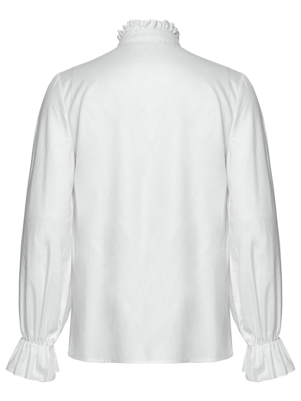 Back view of men's Victorian white shirt featuring ruffle collar and cuff detailing for a stylish gothic look.