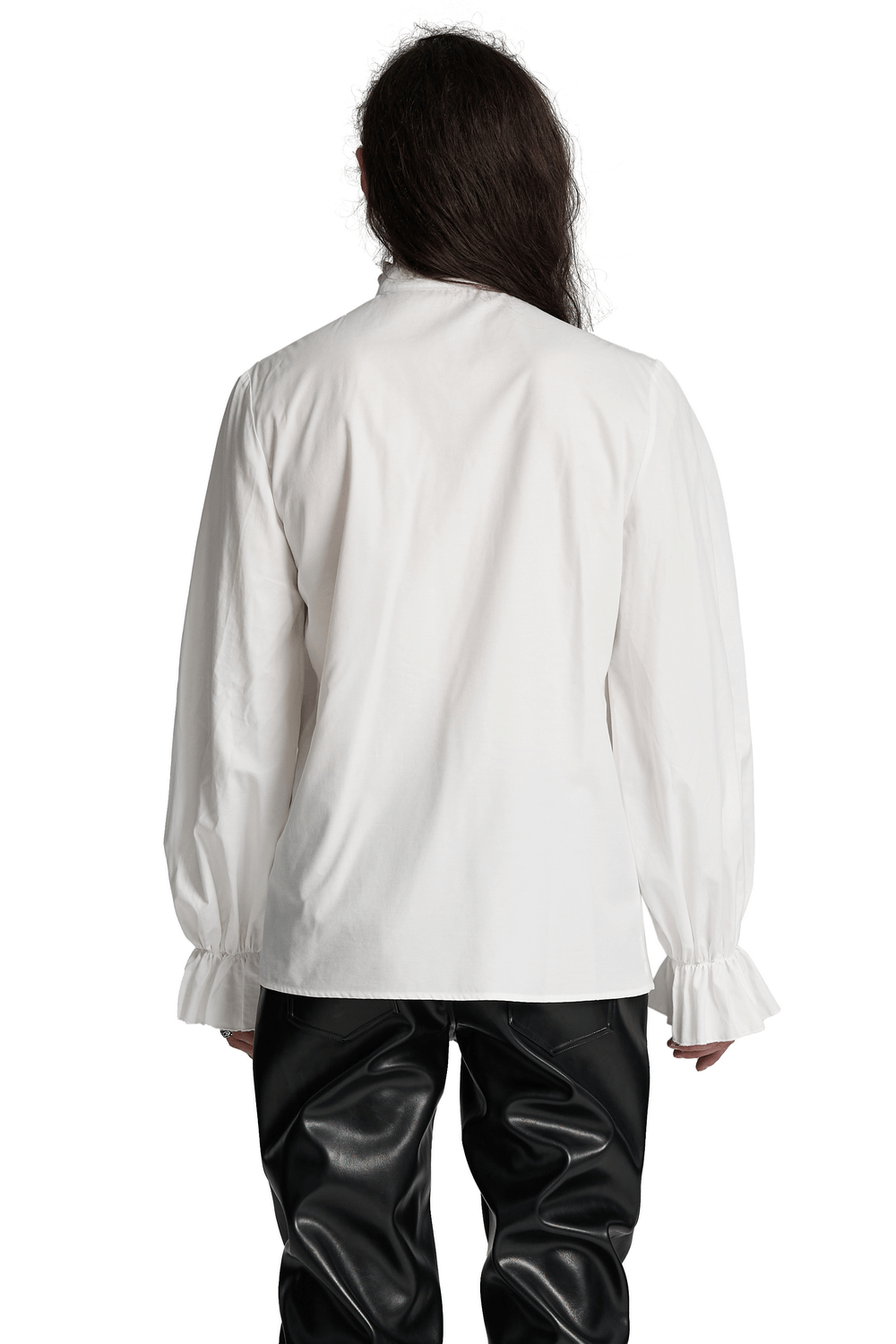 Back view of men's Victorian white shirt featuring ruffle cuffs and textured fabric, perfect for a gothic style.