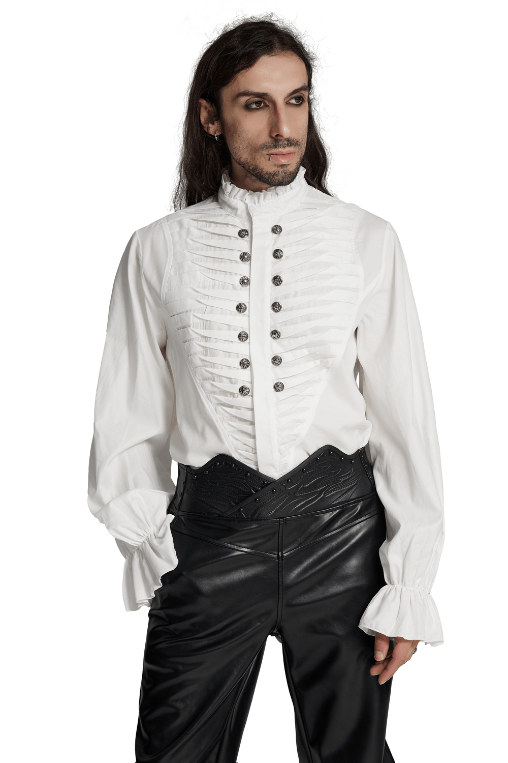 Men's Victorian white shirt with ruffle collar, 3D pleating, and metal beast head buttons, exuding dark elegance.