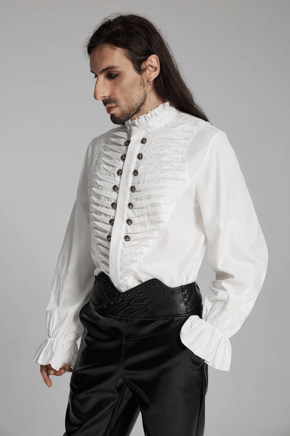 Men's Victorian white shirt with ruffle collar and metal buttons, featuring 3D pleated design and stylish cuffs.