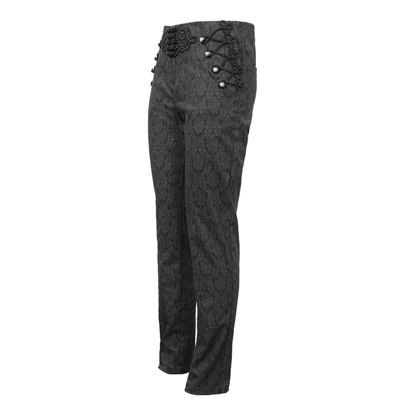 Men's black vintage gothic pants featuring decorative buttons and lace-up details with eye-catching vintage print.