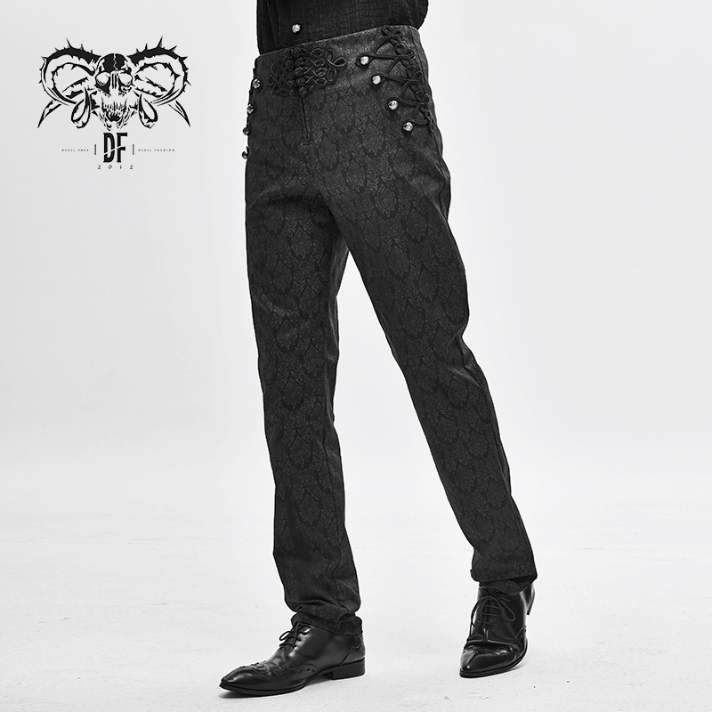 Men's black vintage gothic pattern pants with buttons, high waist design for a stylish look.