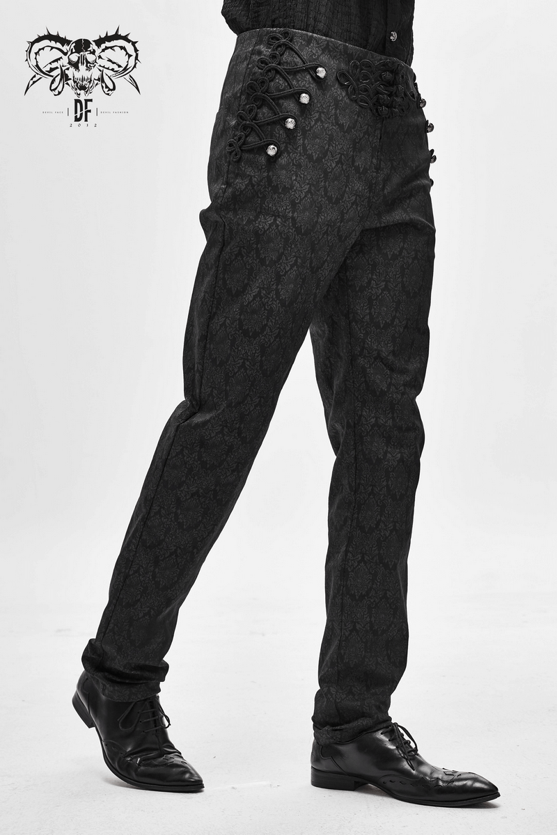 Men's black vintage gothic pants with decorative buttons and stylish pattern, perfect for a trendy gothic look.