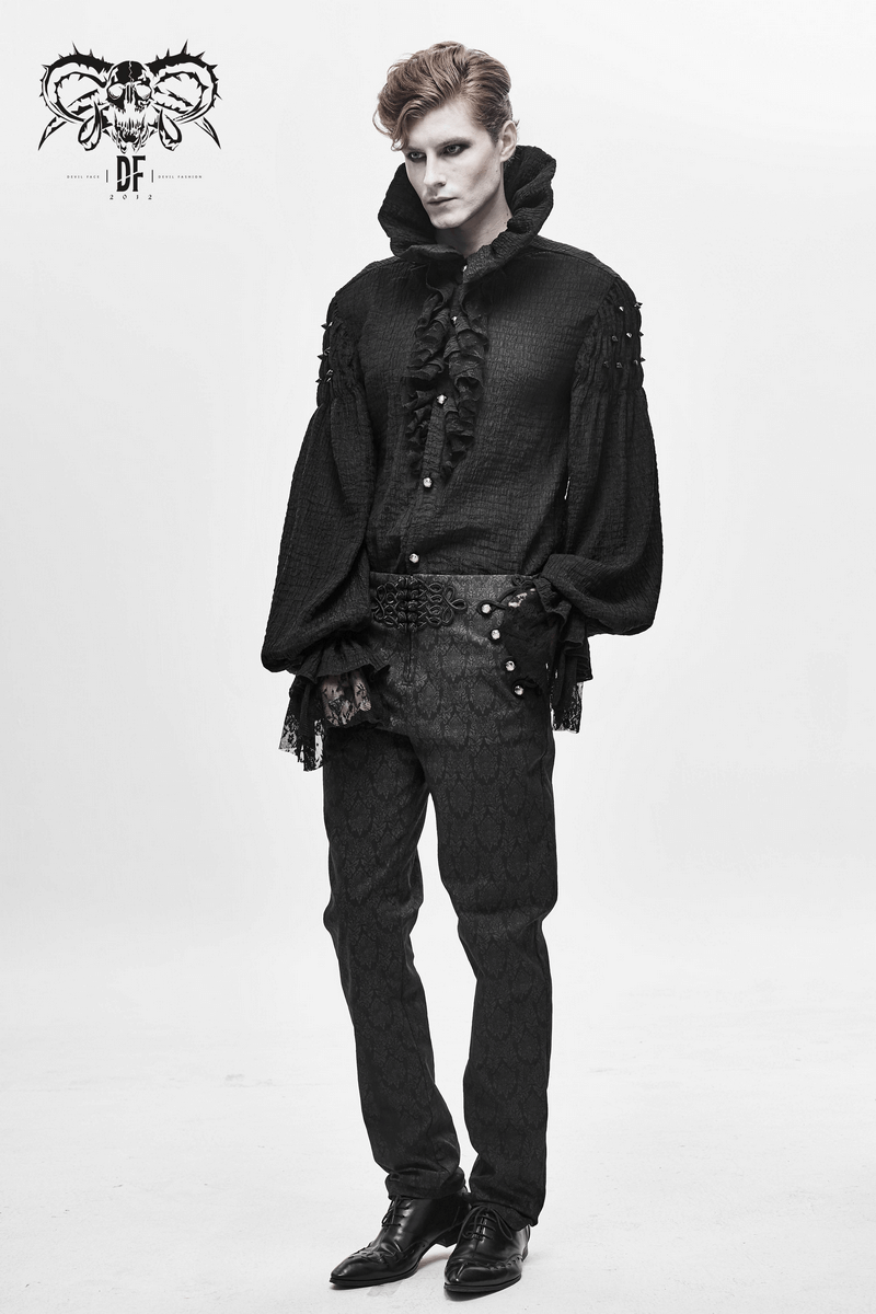Gothic men's vintage pants with unique buttons and elegant high waist, styled in black, perfect for a gothic wardrobe.