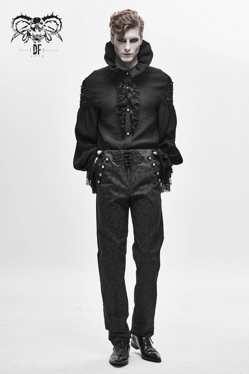Men's Gothic vintage pattern pants with buttons, styled elegantly for a high waist look.