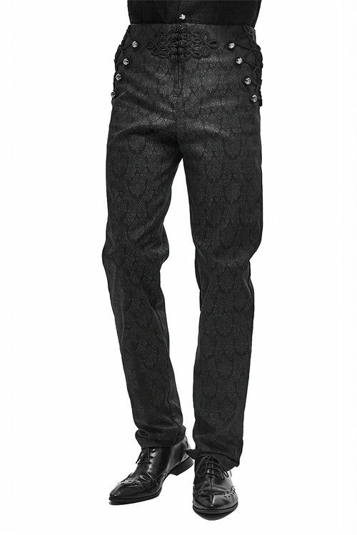 Pantalon à motif vintage pour hommes avec boutons et décorations / Pantalon léger taille haute élégant gothique
