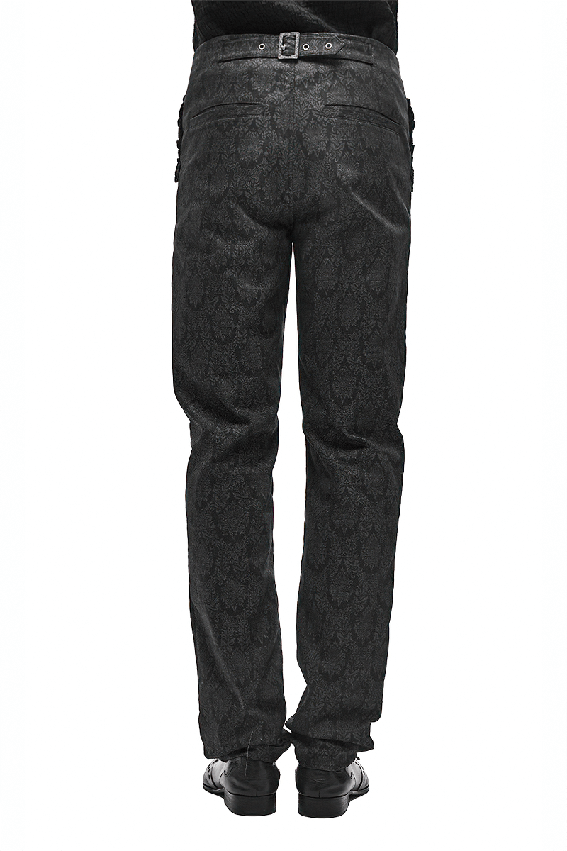 Men's black vintage pants with gothic pattern and high waist, showcasing the back view and stylish fit.