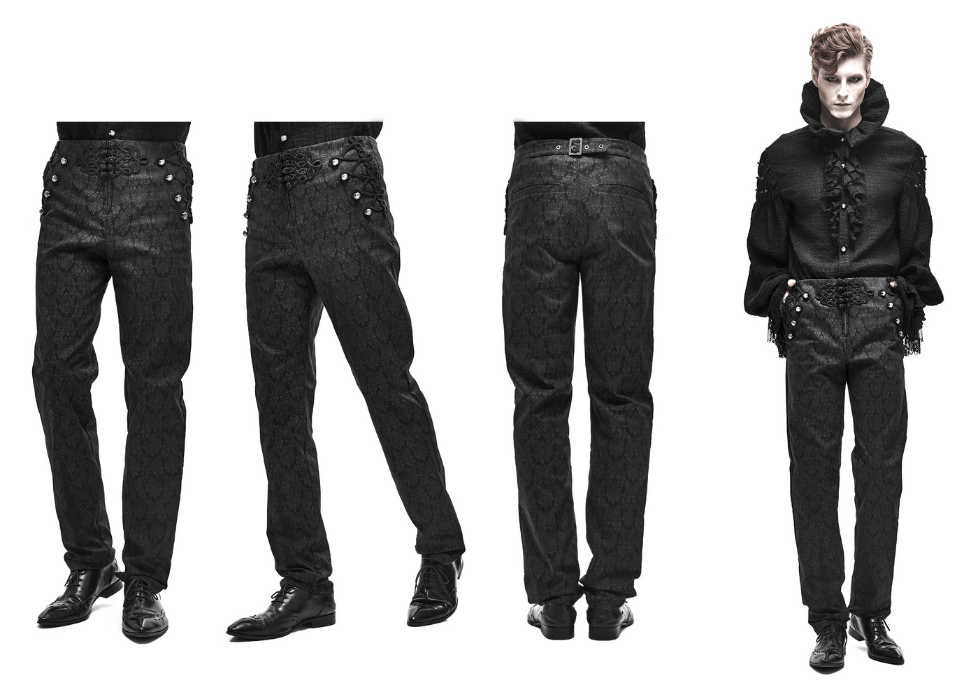 Men's black vintage pattern pants with buttons, showcasing a gothic style and high waist design.