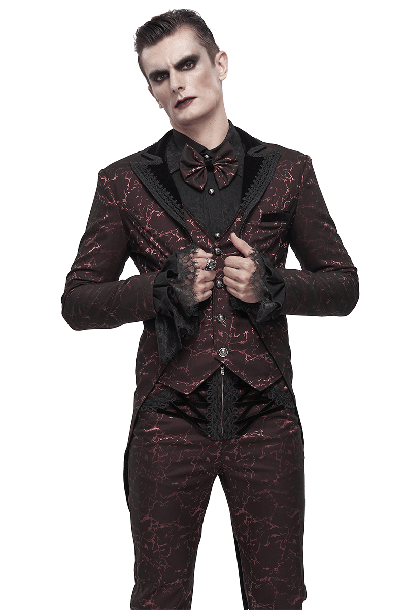 Men's Wine Red Slim Two-Piece Coat / Gothic Bright Patterned Tailcoat Decorated With Buttons & Lace - HARD'N'HEAVY