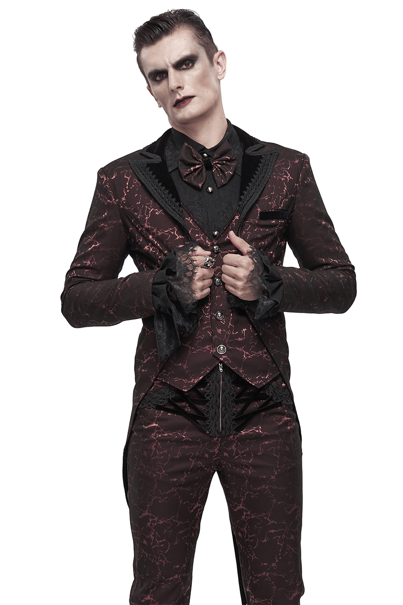 Men's wine red gothic two-piece coat with patterned design and lace, elegantly worn by a model.