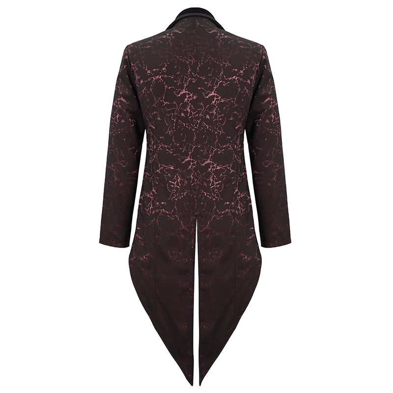 Back view of a men's wine red gothic tailcoat featuring a bright patterned design and elegant cut.