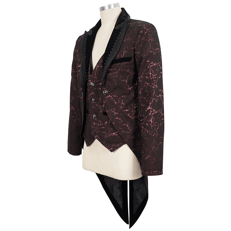 Men's wine red gothic coat with ornate bright patterns and elegant lace detailing, perfect for a stylish look.